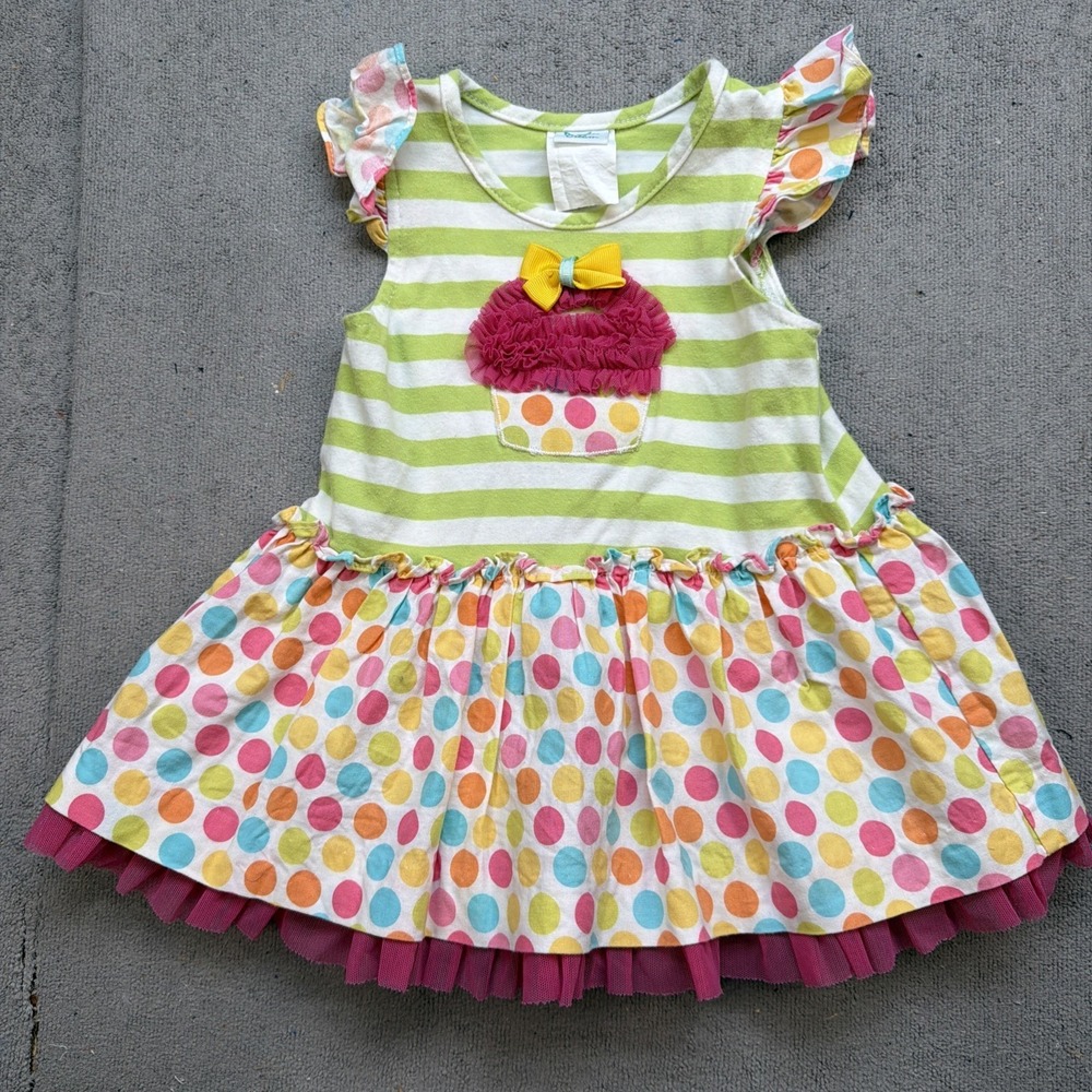 Peaches and Cream Baby Girl Cupcake Dress Green Stripe Polka Dot‎ Flutter Sleeve